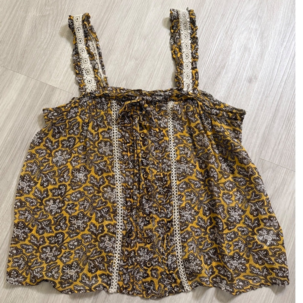 Anthropologie Boho Paisley Lace Trim Button Front Tank Top Yellow Brown Women 12